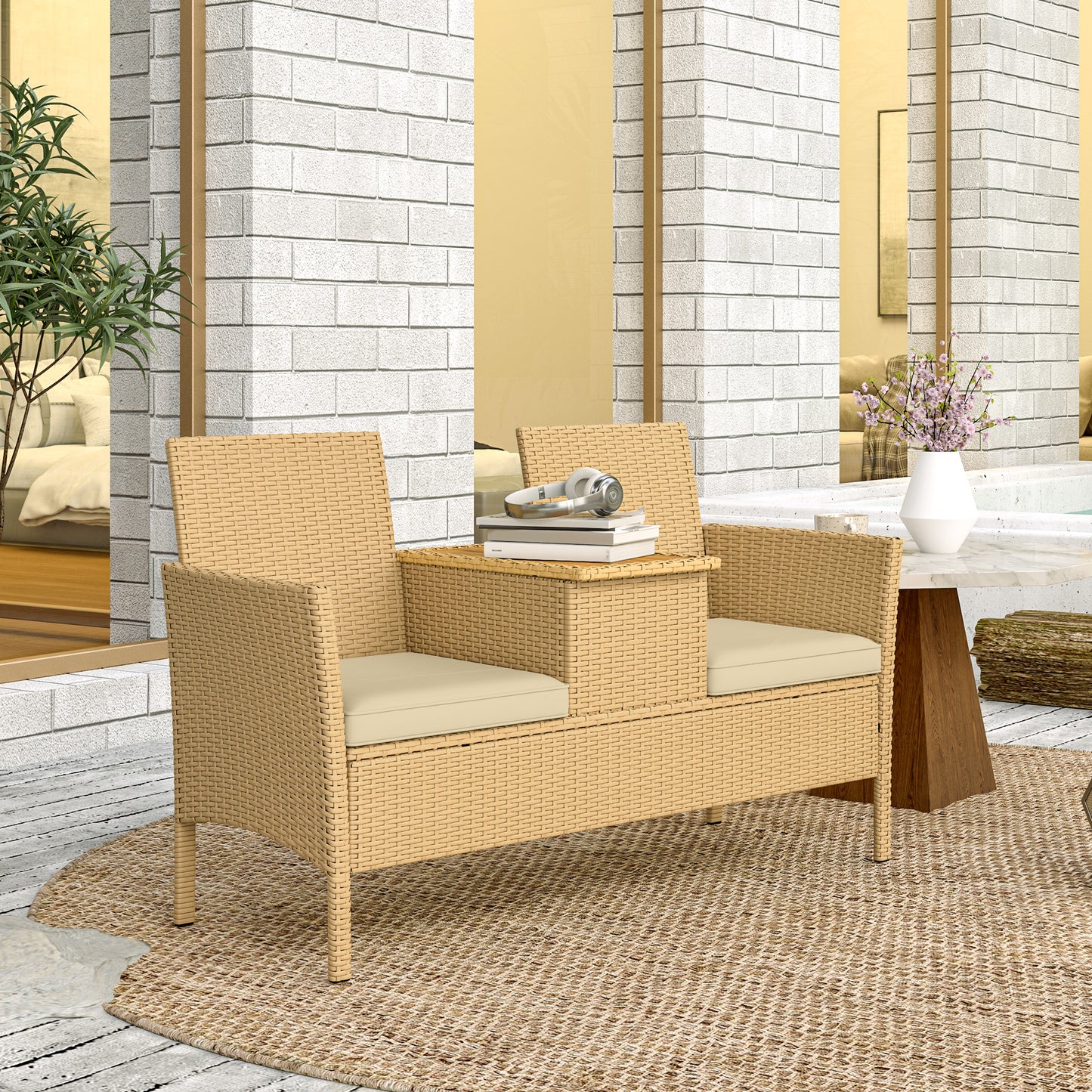 Patio Wicker Loveseat with Flip-Top Table & Cushions - Khaki