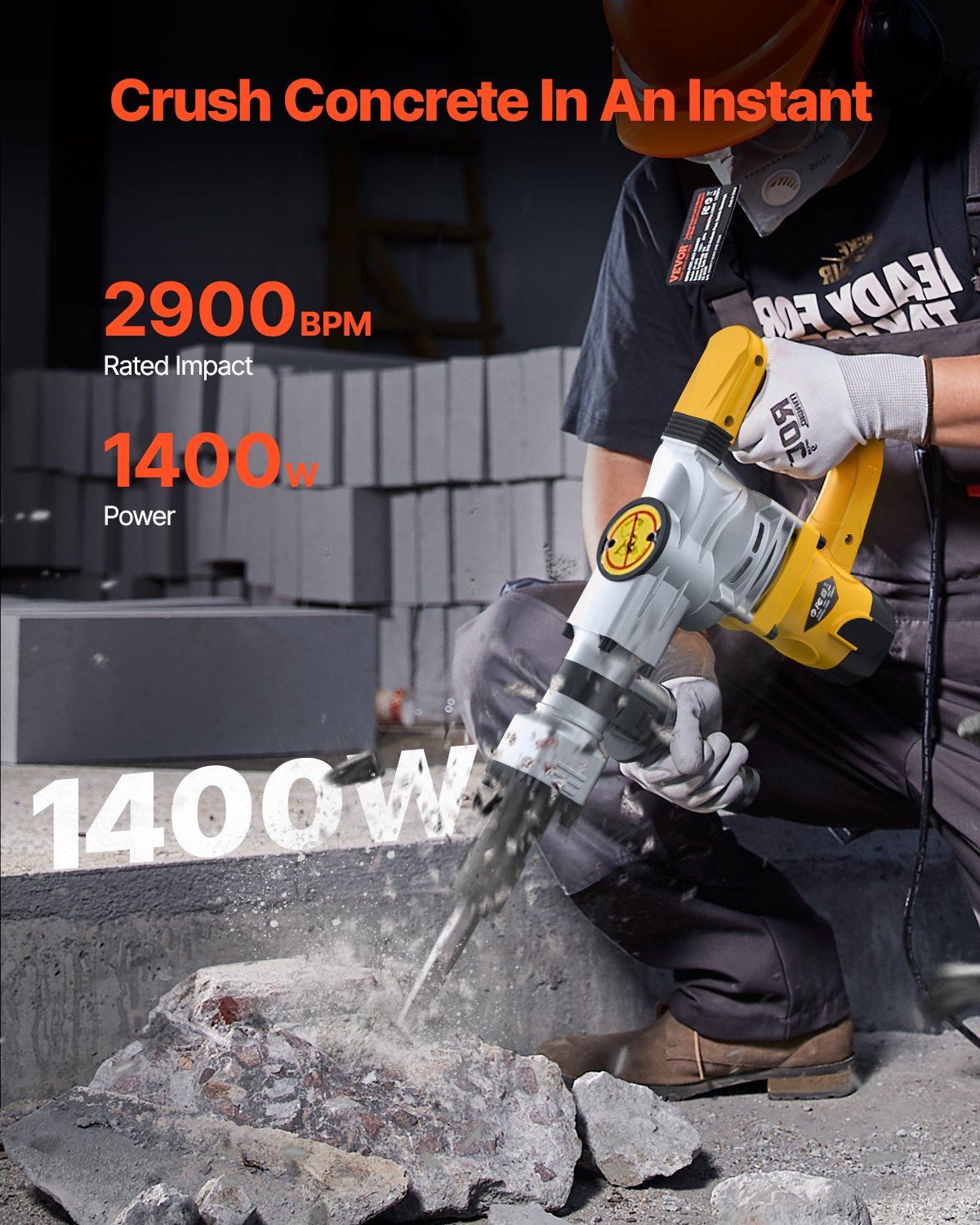 1400W Electric Demolition Jack Hammer with 2 Chisel Bits - Yellow