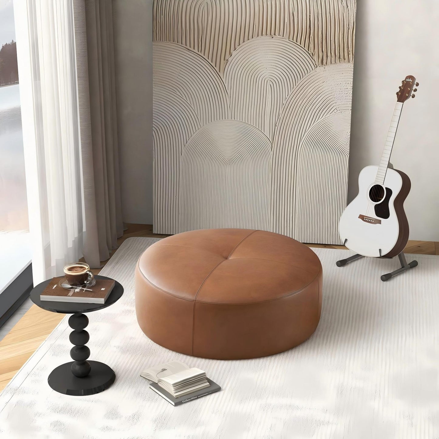 Rochelin Tan Leather Ottoman 36 Floor Footrest Cushion