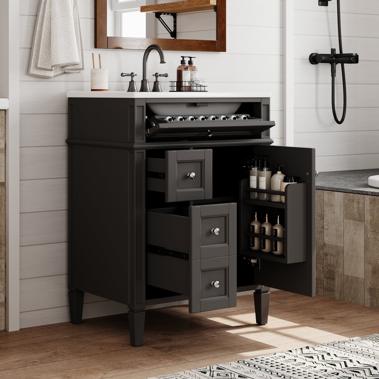 24-Inch Modern Bathroom Vanity with Sink and Storage - Black