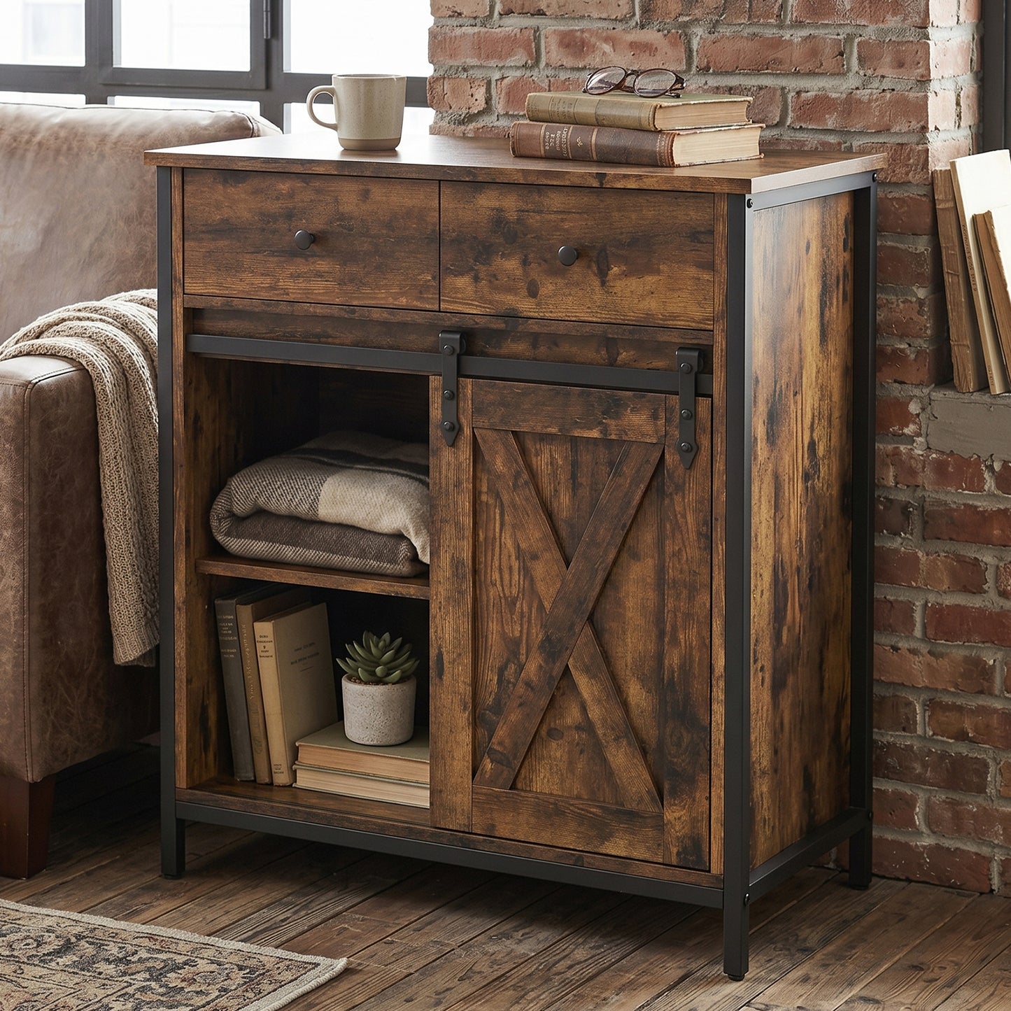 Farmhouse Buffet Cabinet with Sliding Barn Door & Adjustable Shelves