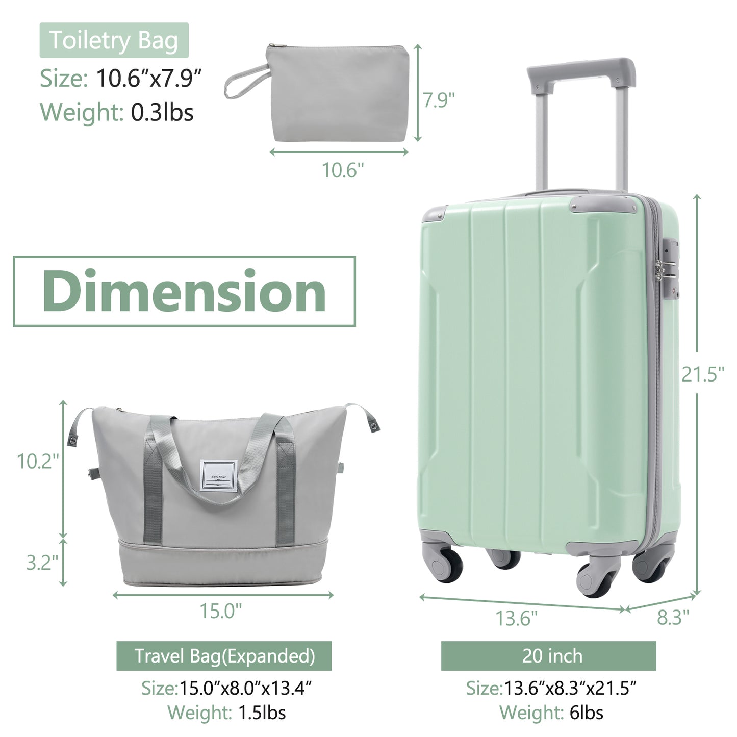 20 Inch Carry-On Luggage Set - 3 Piece Hardshell Suitcase & Duffel Bag - Soft Lime