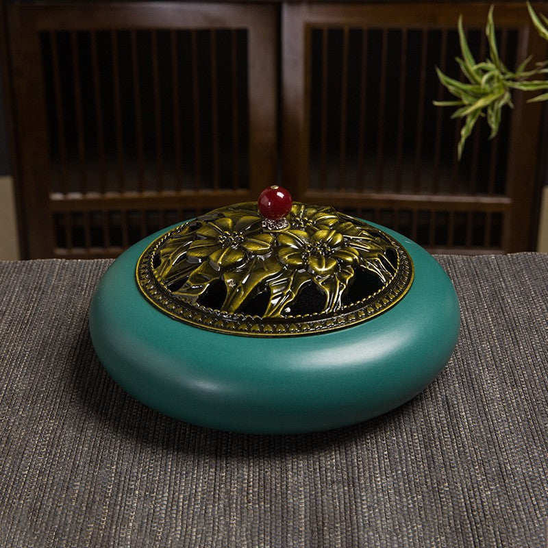 Ceramic Lotus Incense Burner with Iron Cover - Traditional Chinese Style Home Fragrance