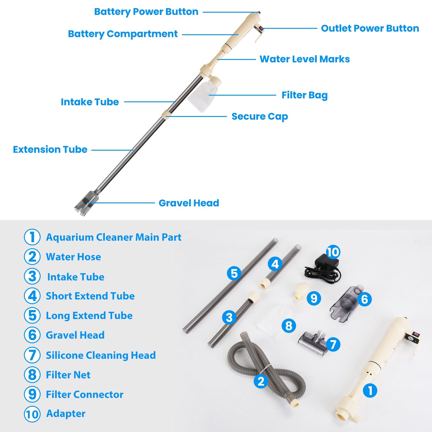 Electric Aquarium Gravel Cleaner Kit with Adjustable Length Water Vacuum Fish Tank Filter