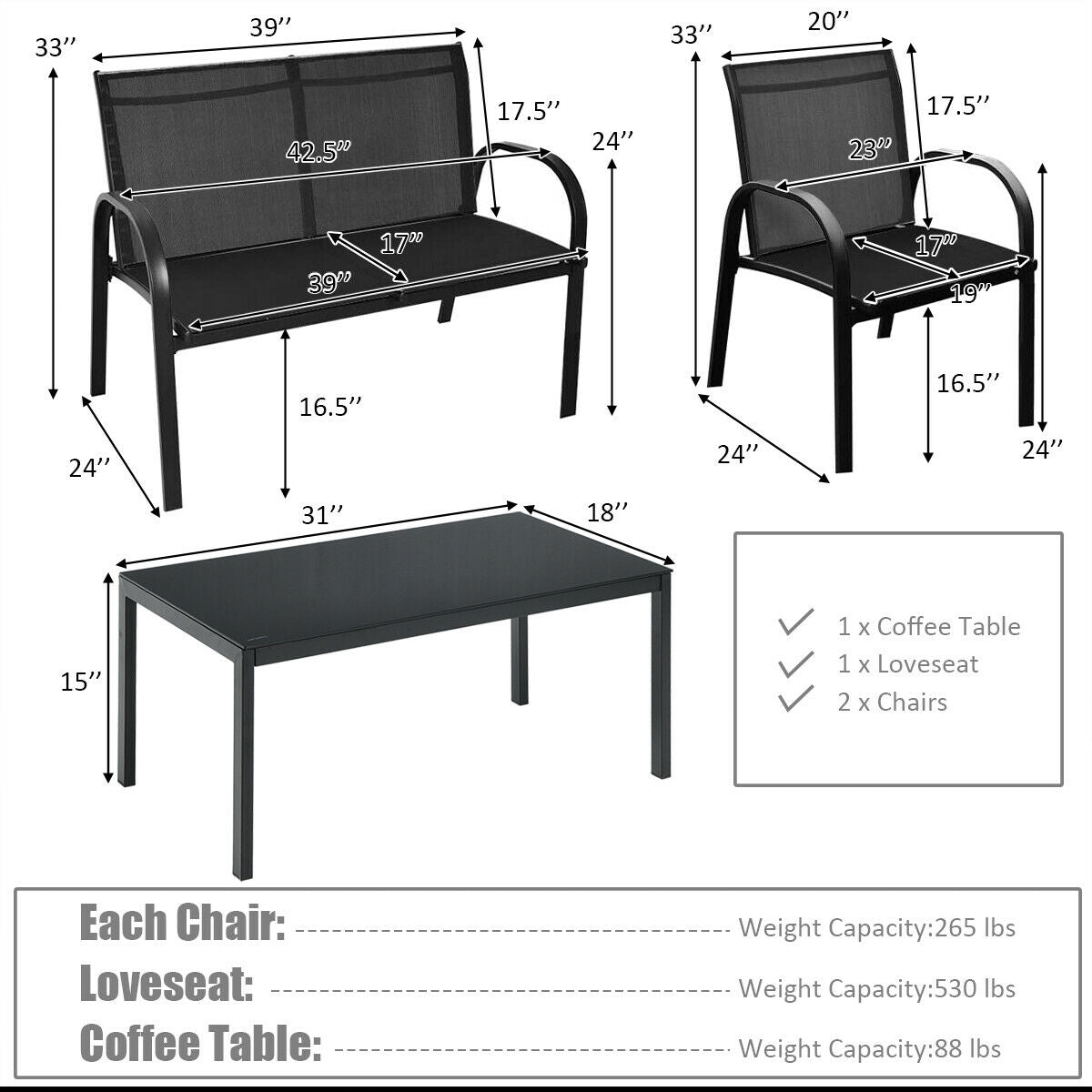 4-Piece Outdoor Furniture Set with Glass Coffee Table - Black