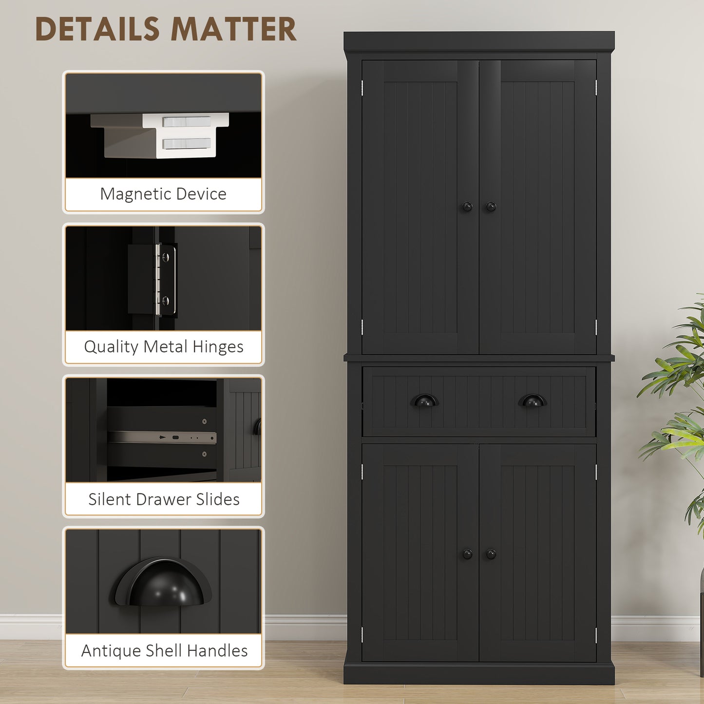 72" Kitchen Pantry Storage Cabinet with Adjustable Shelves - Black