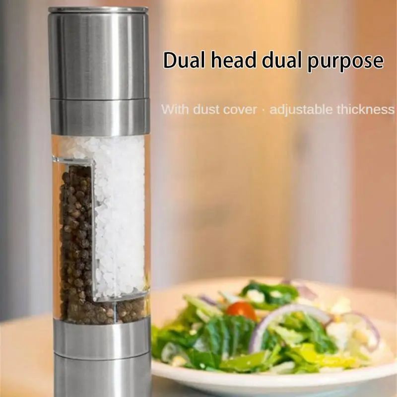 Salt and Pepper Grinder Set 2-in-1 Stainless Steel Manual Spice Mills Adjustable Ceramic Grinding Kitchen Tool Silver