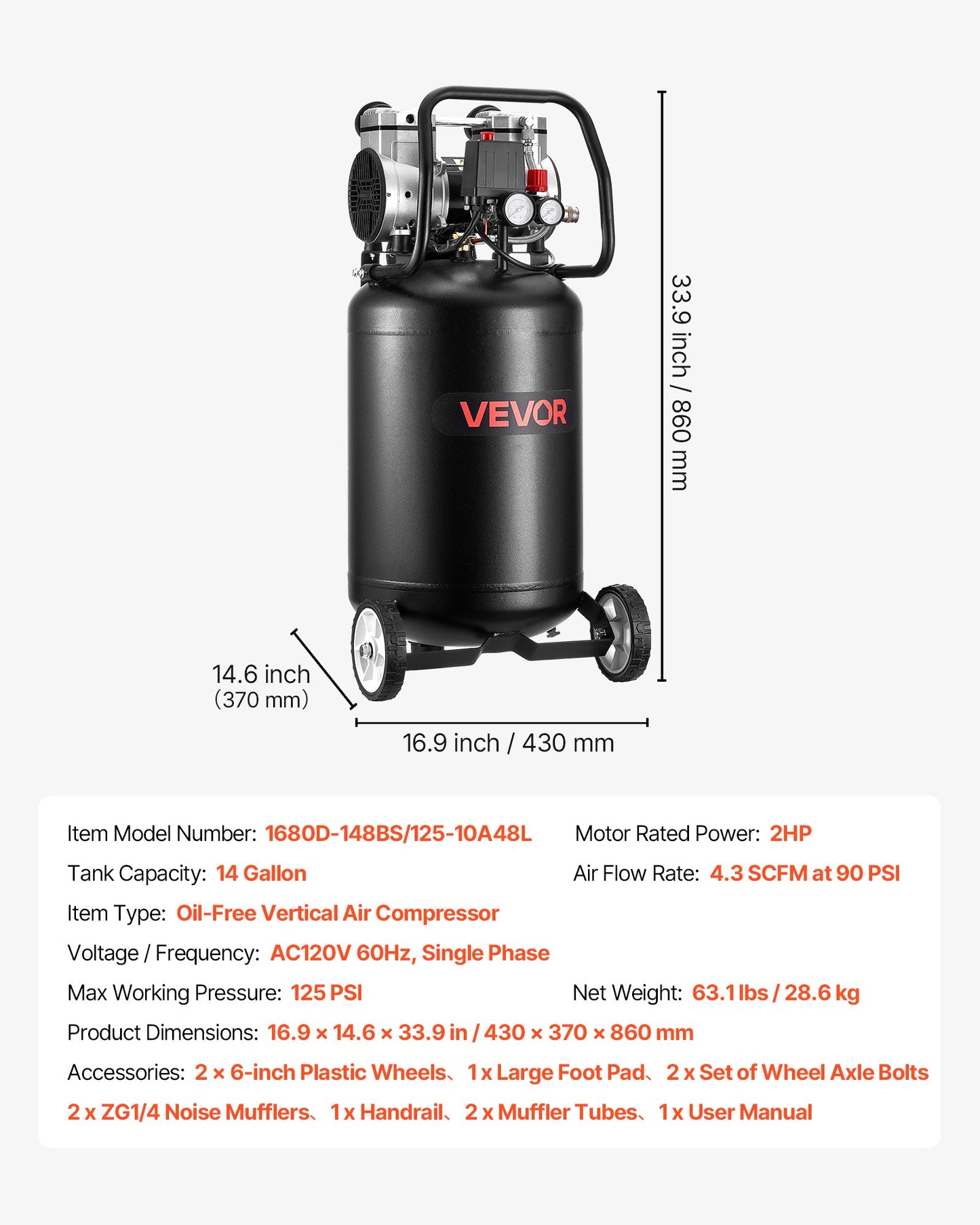 14-Gallon Portable Oil-Free Air Compressor 2HP for Auto Repair & DIY