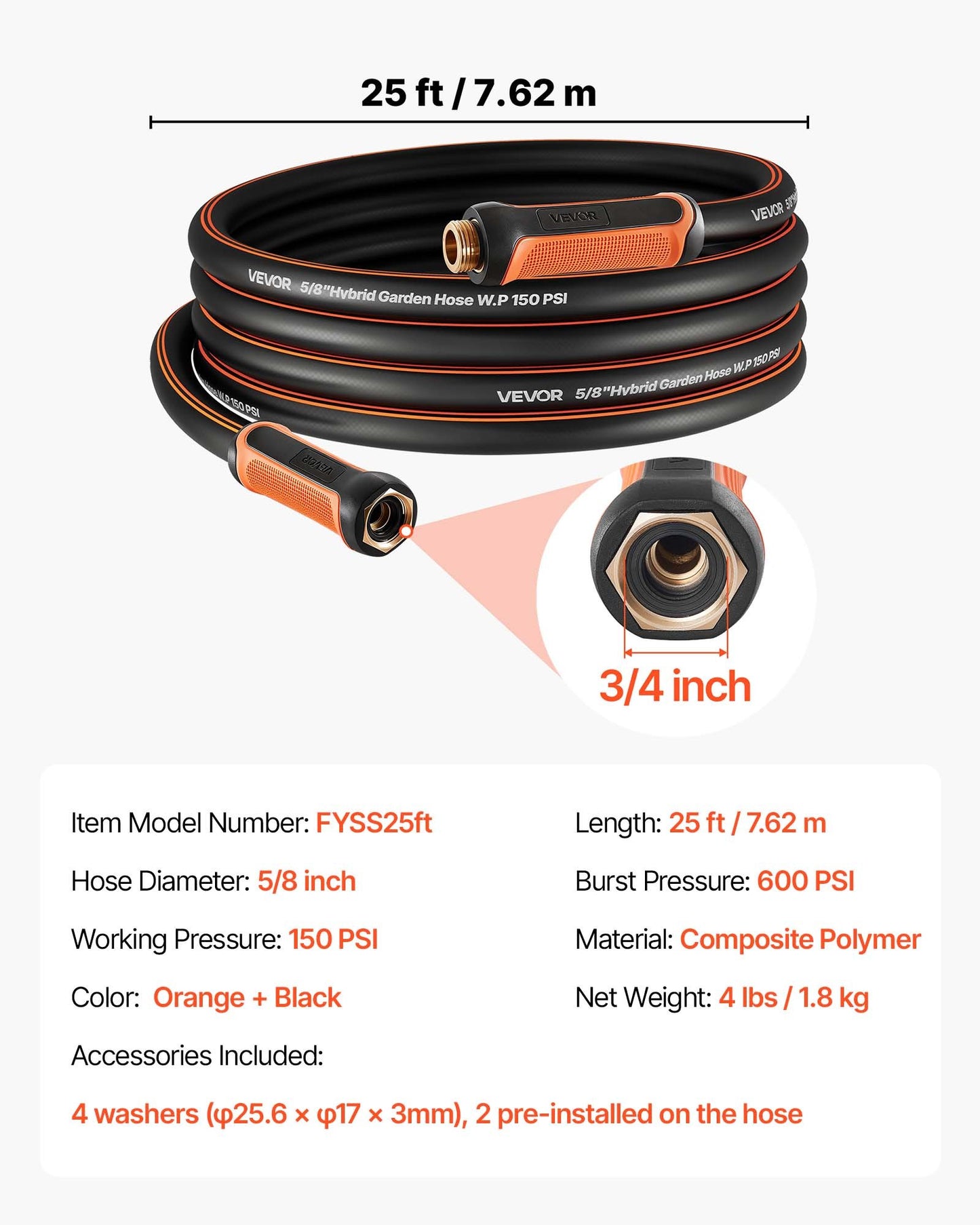 Heavy Duty Garden Hose 25 Ft 5/8 in Rubber Water Hose with Leak-Free Fittings