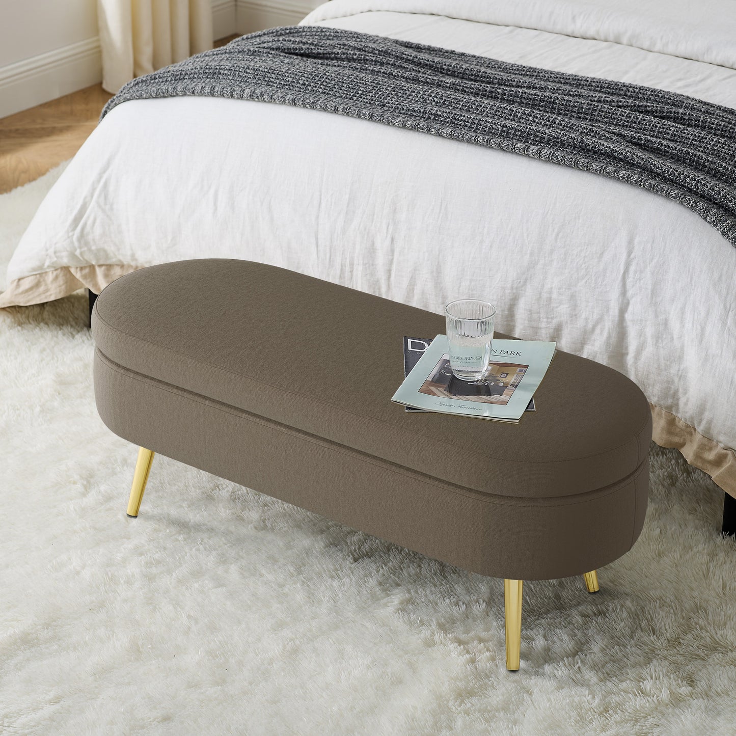 Brown Flannel Storage Ottoman Bench with Metal Legs - 43.5"