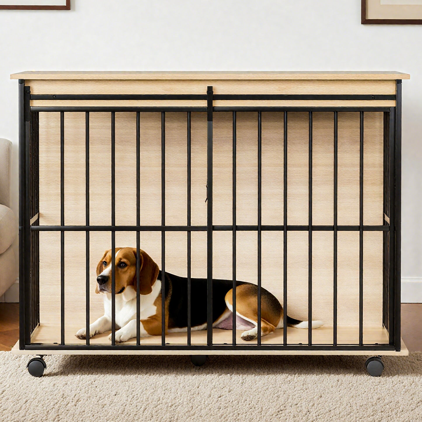 Large Wooden Dog Crate Furniture for Medium to Large Dogs - Black & Natural
