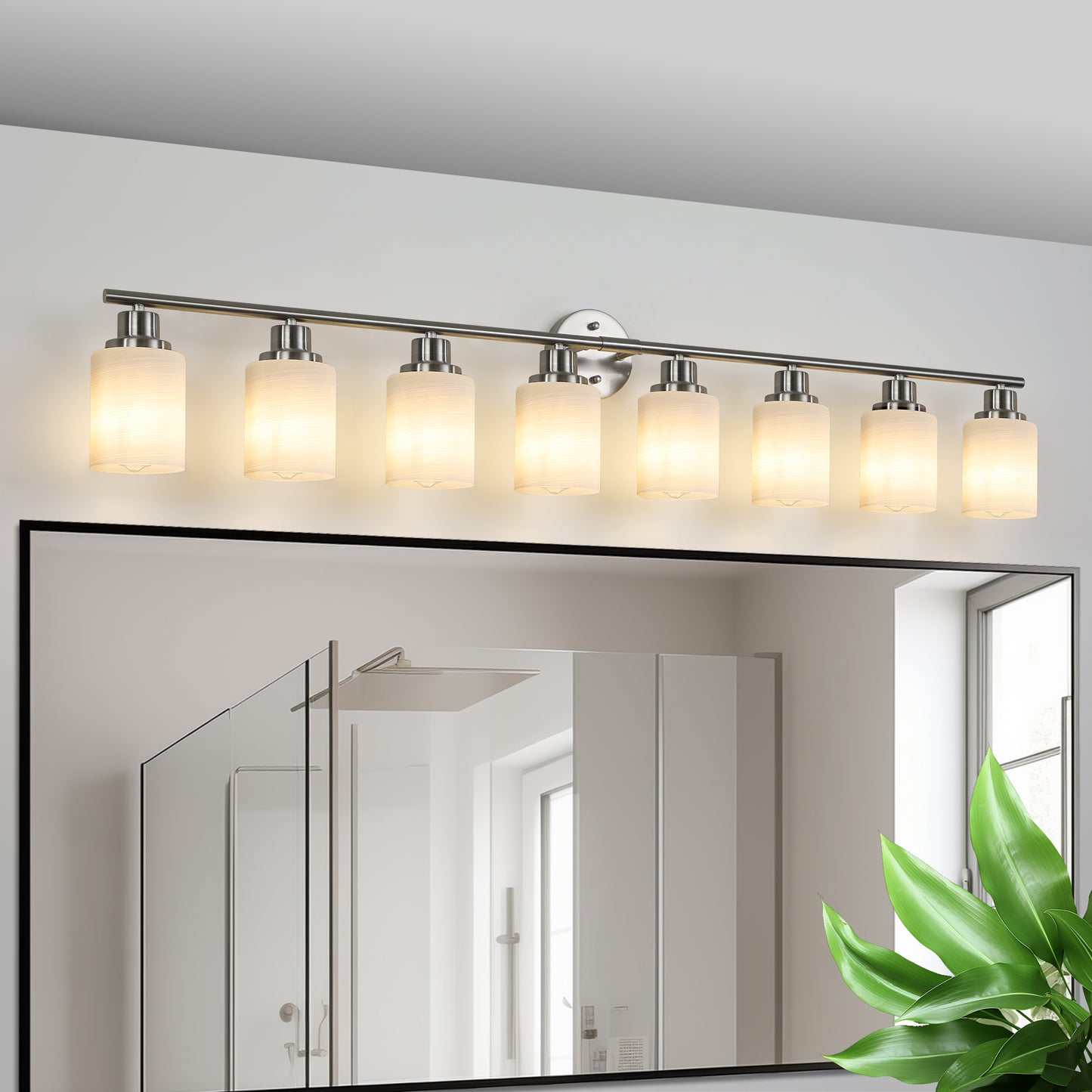 Modern 8-Light Vanity Wall Sconce - Brushed Nickel with Frosted Glass