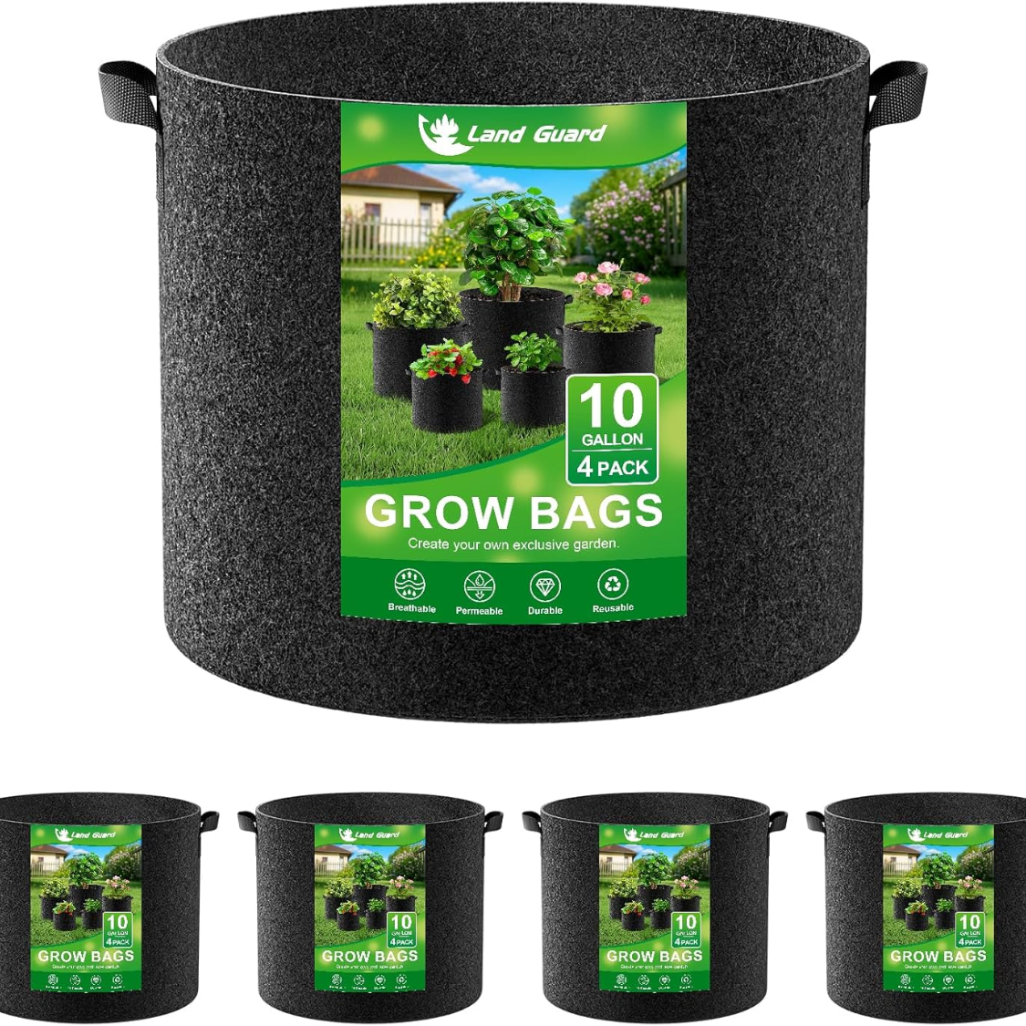 4 Pack 10 Gallon Fabric Grow Bags with Handles - Garden Planting Pots