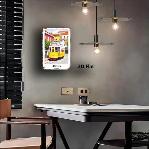 Vintage Lisbon Portugal Yellow Tram Metal Sign - 8x12 Inch Wall Art