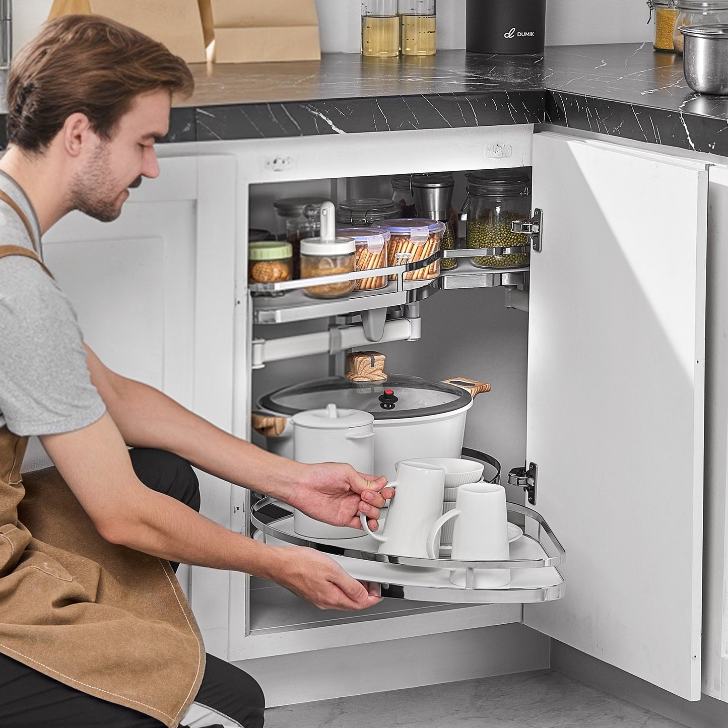 Pull-Out Corner Cabinet Organizer - 2 Tier Soft Close, White