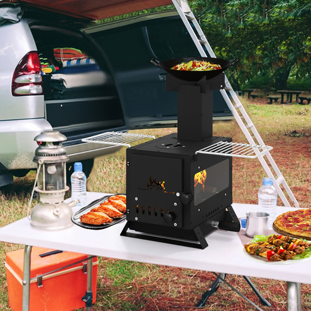 Portable Wood Burning Stove with Oven Pan & Rack - Black
