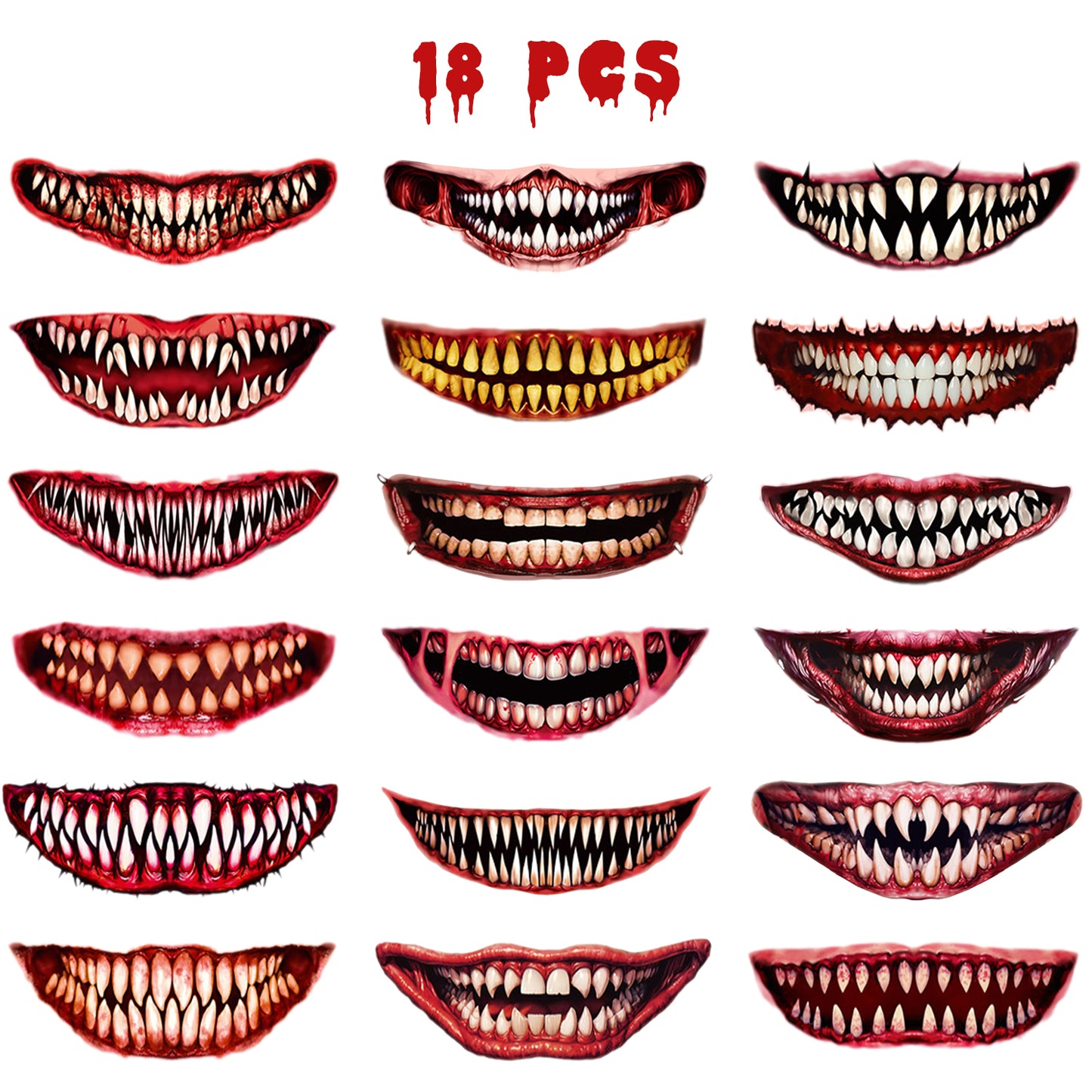 18 Sheets Halloween Temporary Tattoo Stickers - Scary Mouth Designs