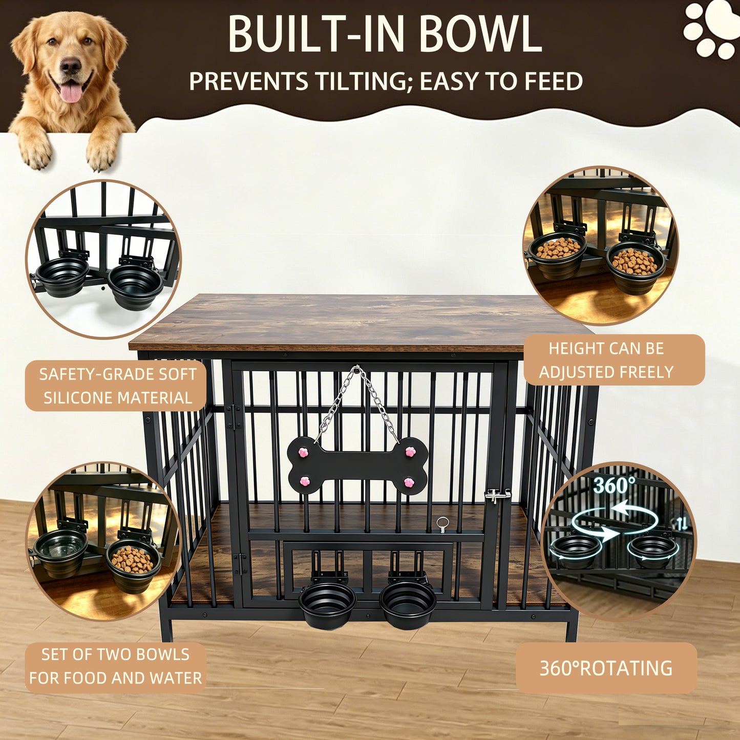 Wood Grain Dog Cage with Rotating Bowl and Silicone Safety Material - Pet Guardrails