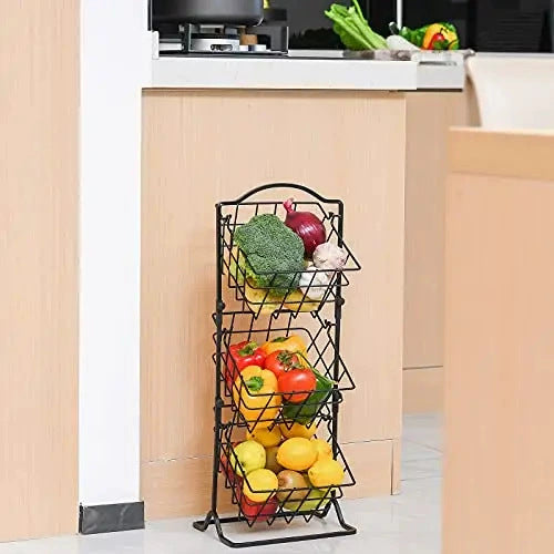 Three-Tier Metal Vegetable and Snack Storage Rack - Foldable Kitchen Organizer