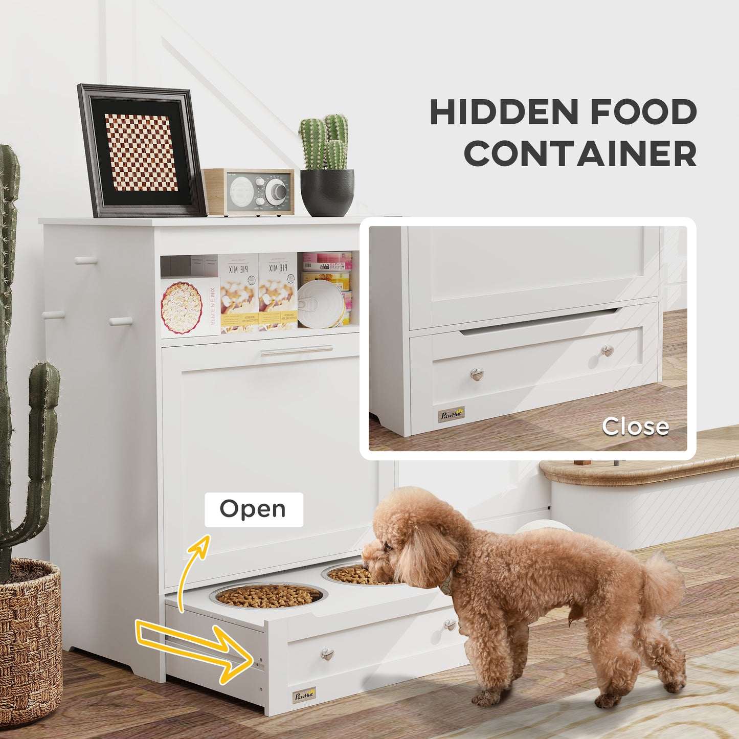 Pet Food Storage Cabinet with Raised Bowls and Storage Shelves - White