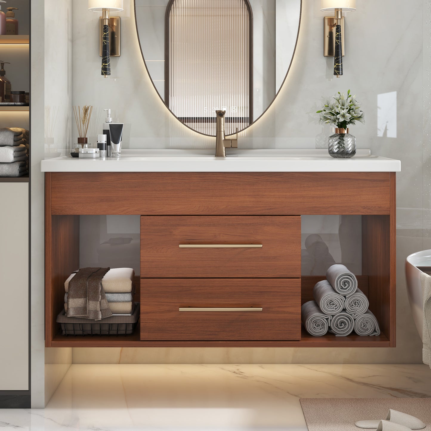 35.4" Mid-Century Modern Bathroom Vanity with Undermount Sink - White/Walnut