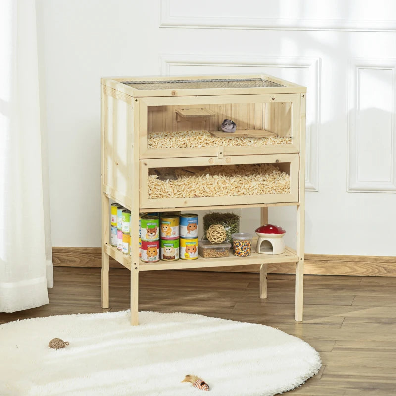 3-Tier Wooden Hamster Cage with Openable Top & Shelves - Natural Wood Small Animal Habitat