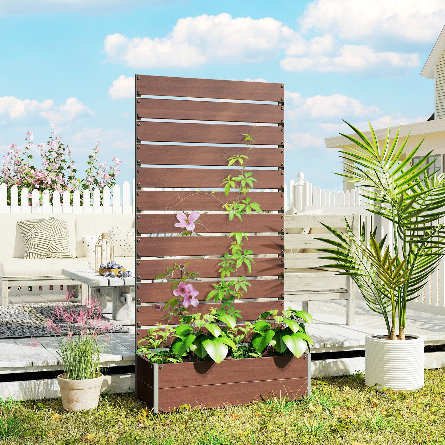 Raised Garden Bed with Trellis for Climbing Plants - Outdoor Planter Box, Light Brown 960x405x175mm