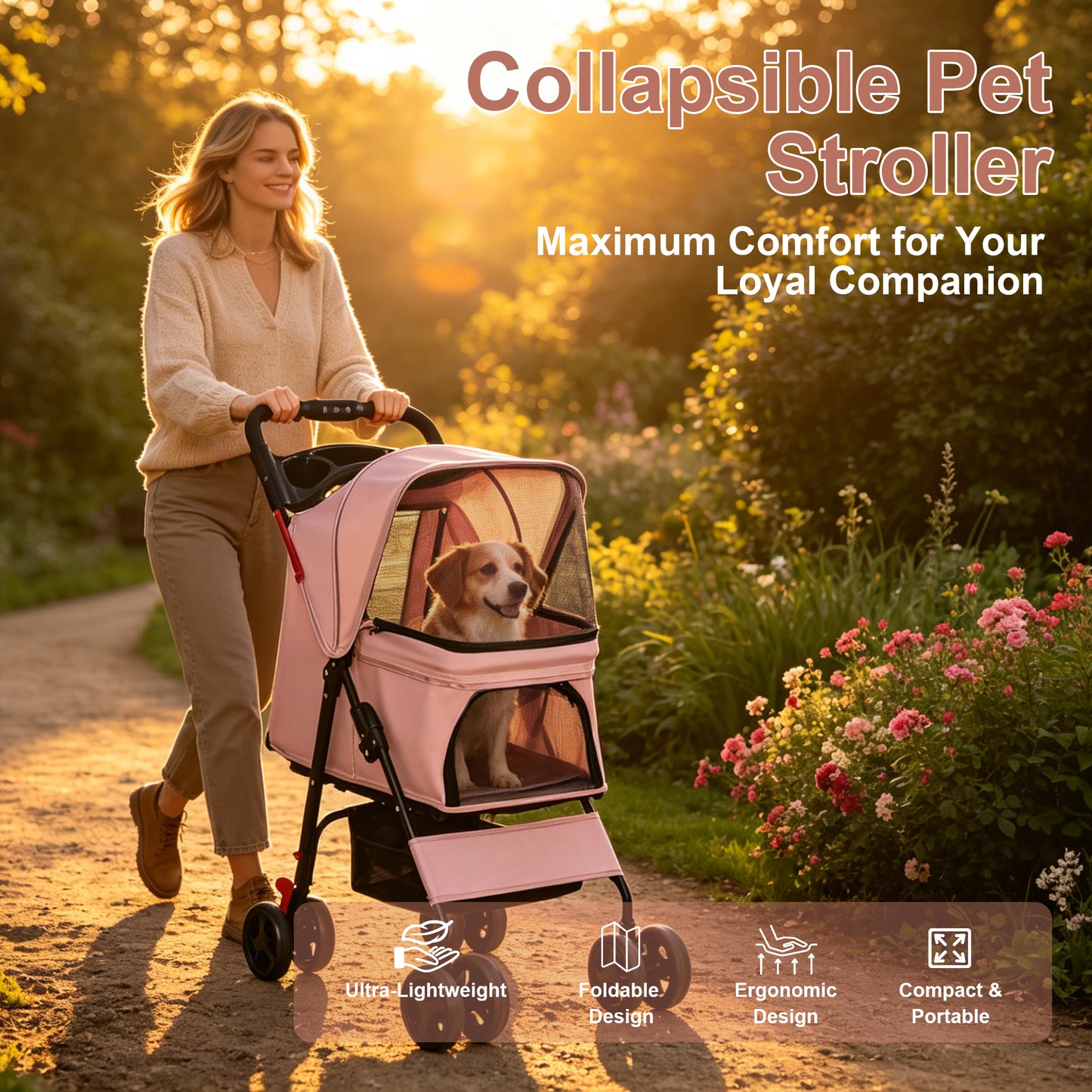 Foldable Pet Stroller for Small Dogs Cats Up to 28 lbs with Mesh & Storage - Pink