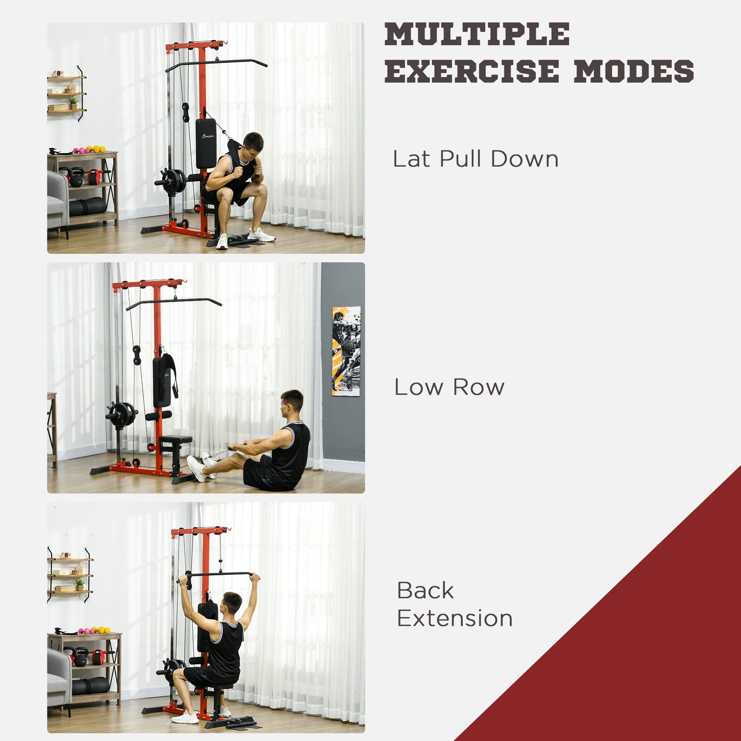 Lat Pulldown Machine with Adjustable Seat & Low Row Pulley - Red