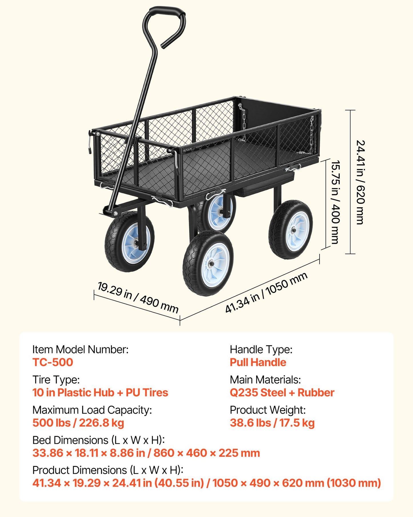 Heavy Duty Garden Cart with Seat & Tool Tray - 500 LBS Load Capacity, Rolling Steel Yard Wagon