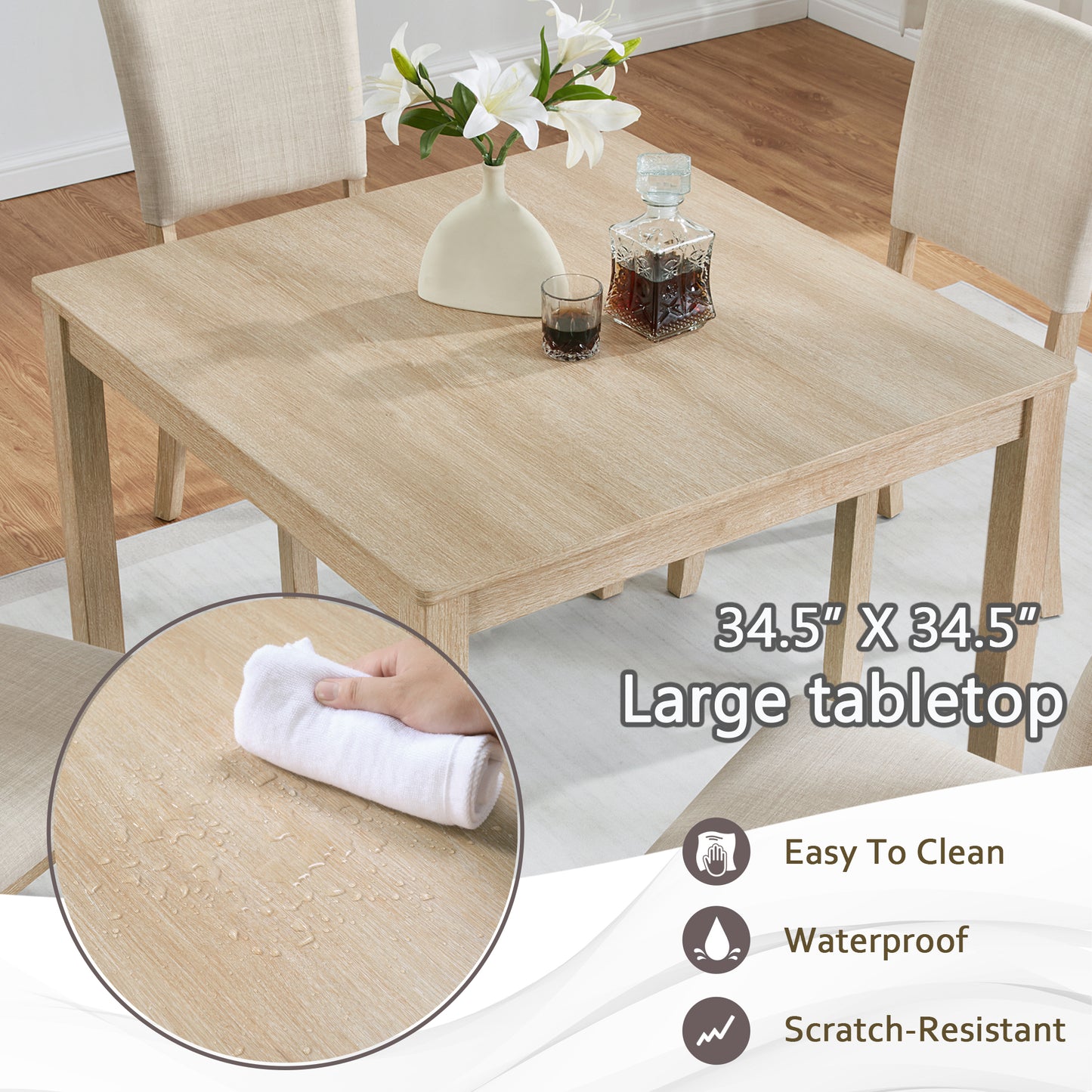 4-Person Wooden Dining Table Set with 4 Chairs - Light Oak & Beige