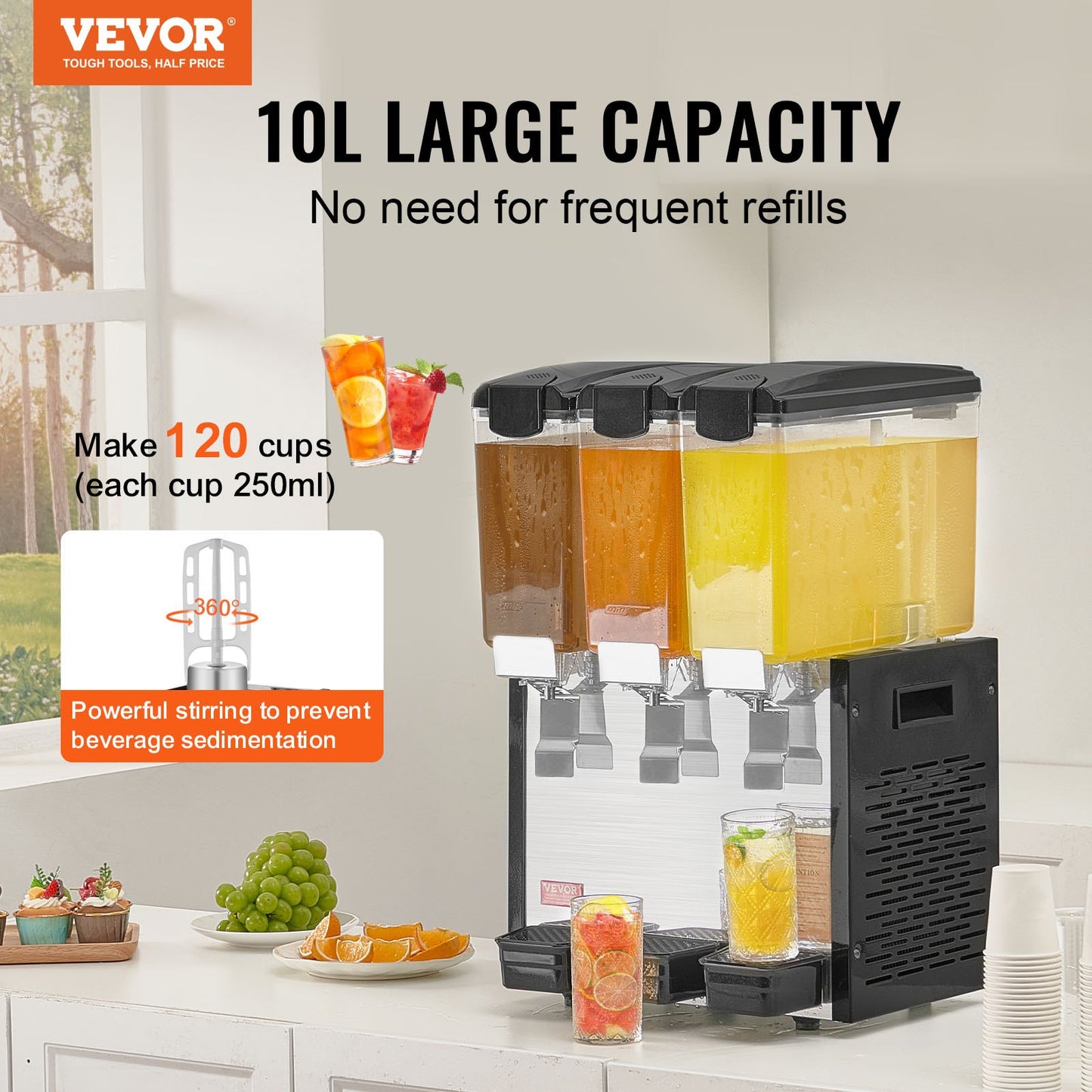 10L Commercial Beverage Dispenser with 3 Tanks - Cold Juice & Ice Drink Cooler