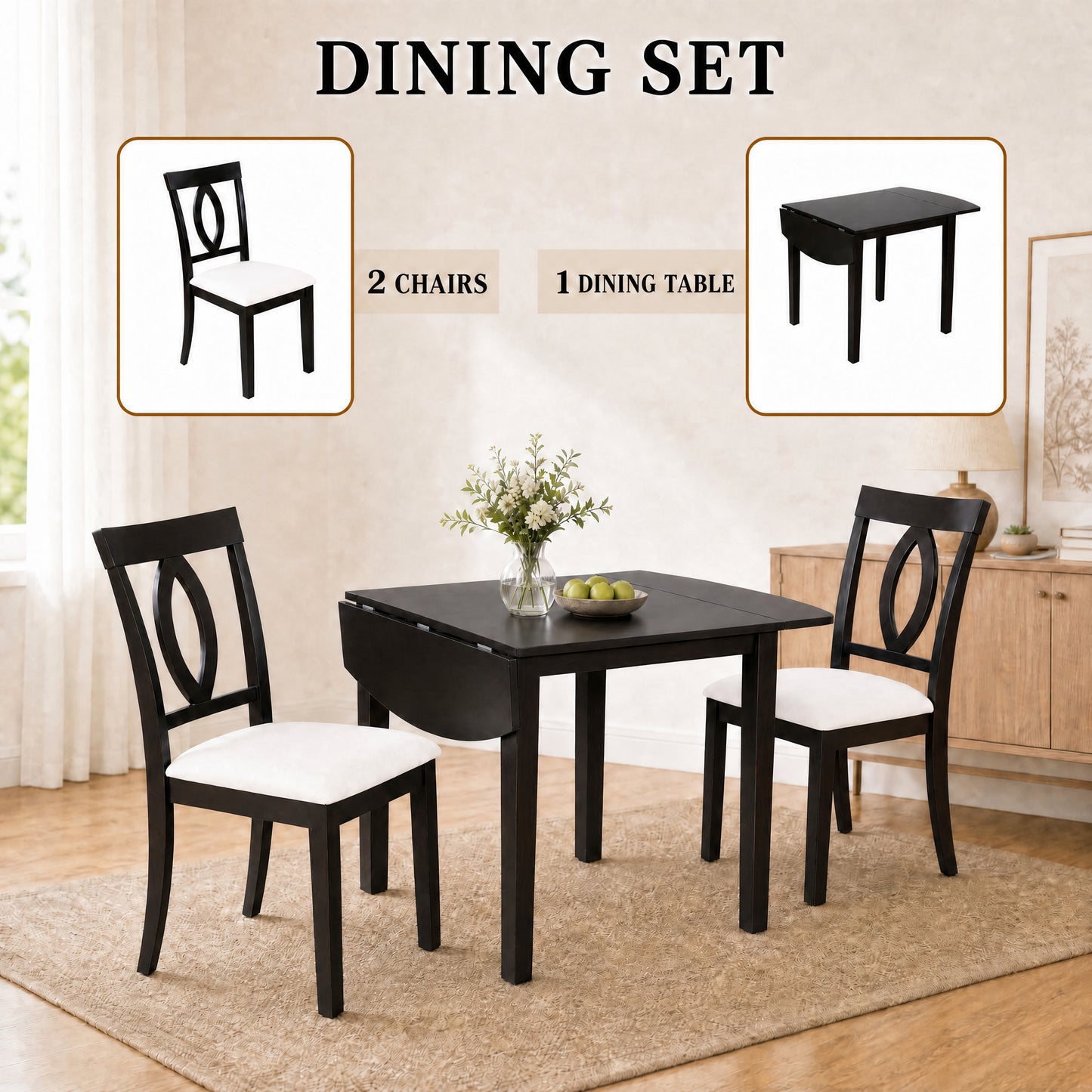Drop Leaf Dining Table Set with 2 Upholstered Chairs - Dark Brown