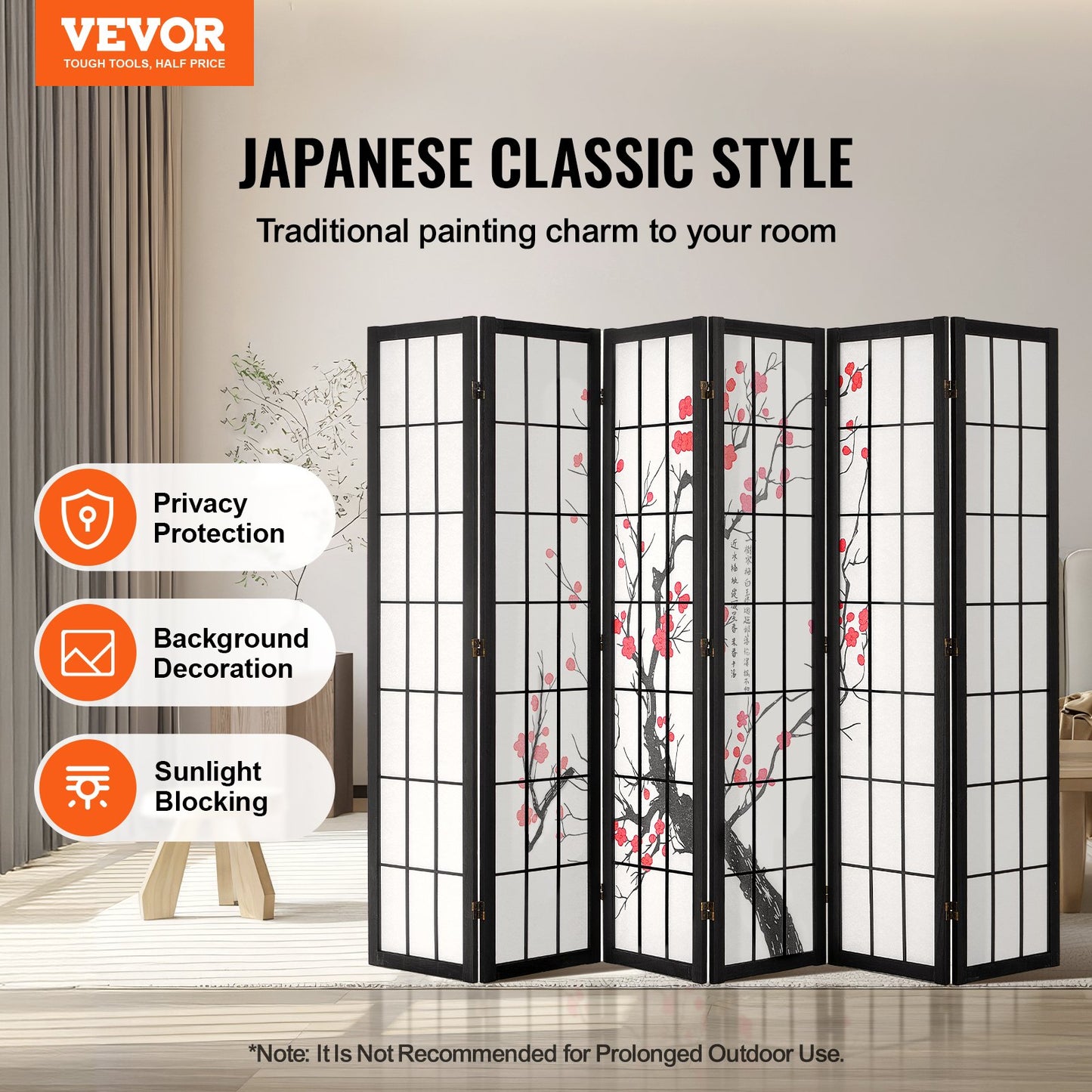 Wood Folding Japanese Room Divider - 6 Panel Privacy Screen