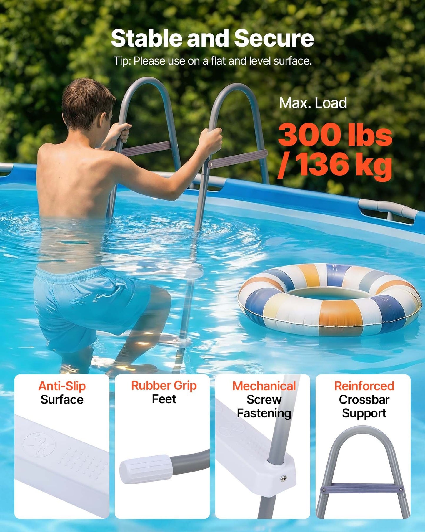 Black 4-Step Pool Ladder - Above Ground Steel Steps for 48 Inch Wall, 300 Lb Capacity