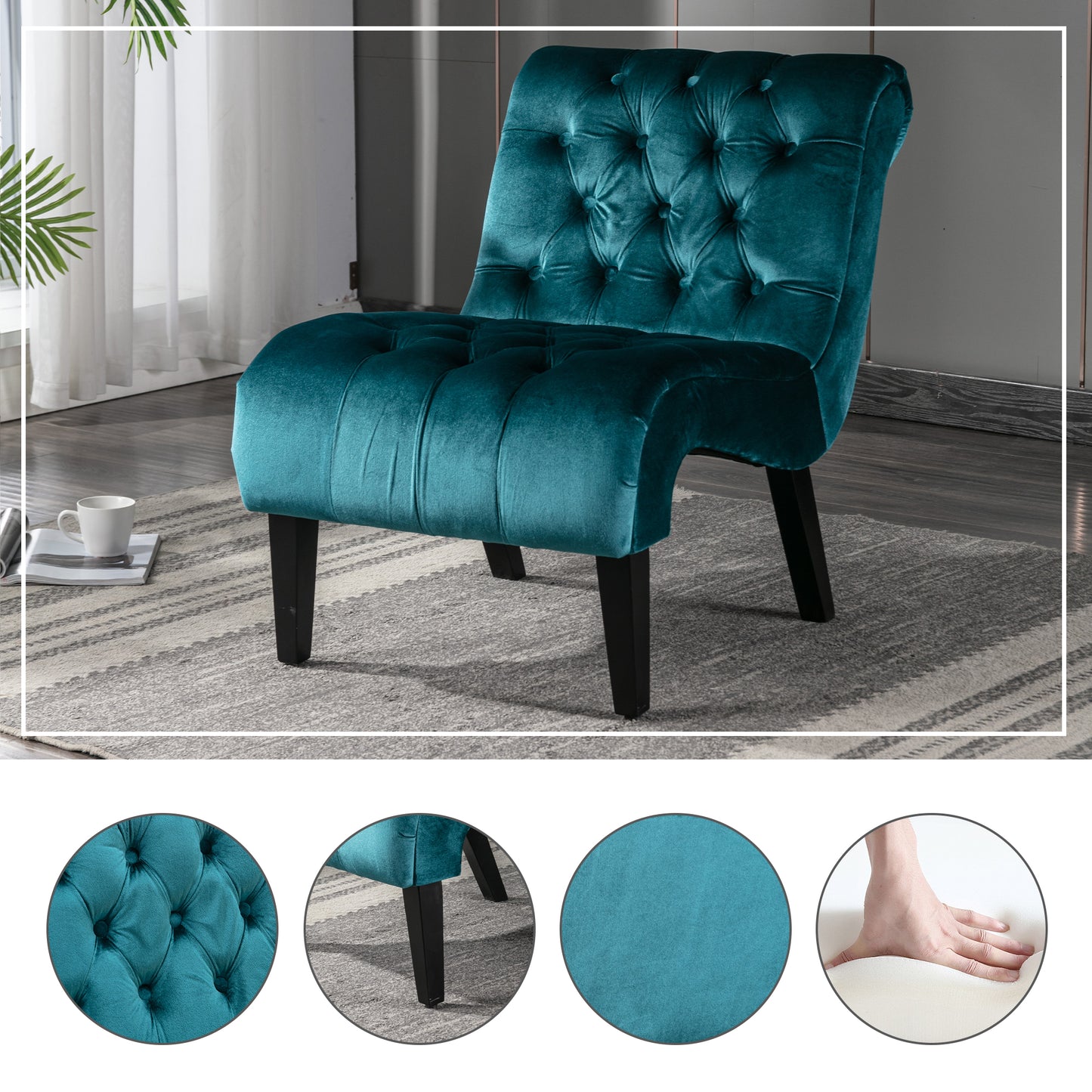 Teal Velvet Armless Accent Chair - Comfortable Upholstered Living Room Chair