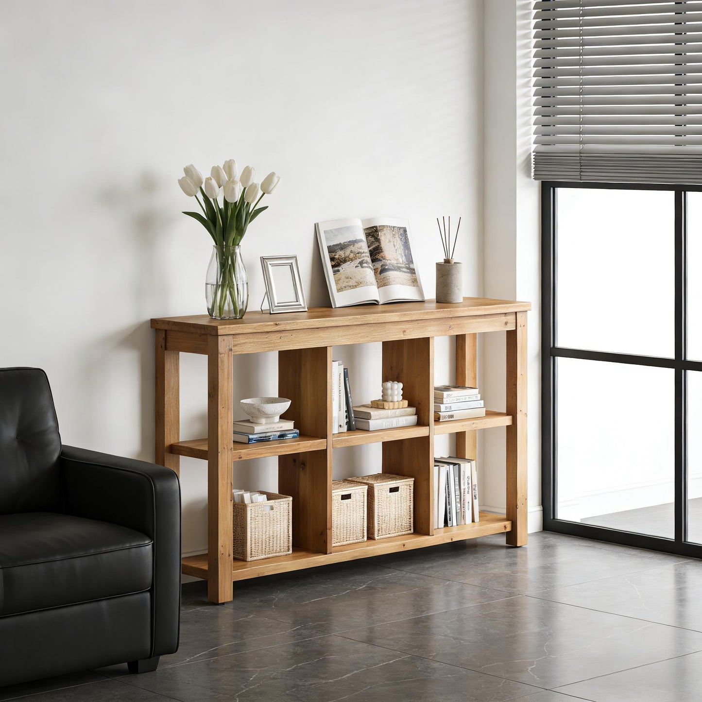 Modern Solid Wood Console Table with Adjustable Shelves - Brown