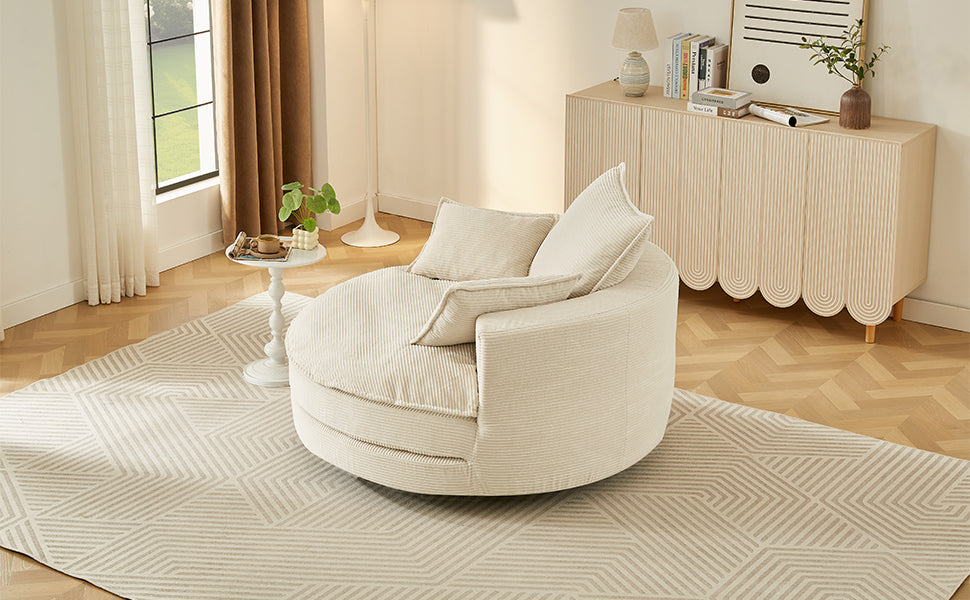 Oversized 360° Swivel Accent Chair with Dual-Layer Cushion - Beige