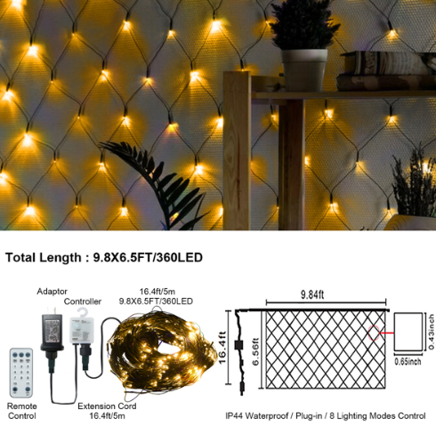 360-Degree LED Christmas Net Lights - 9.8ft x 6.5ft - Yellow