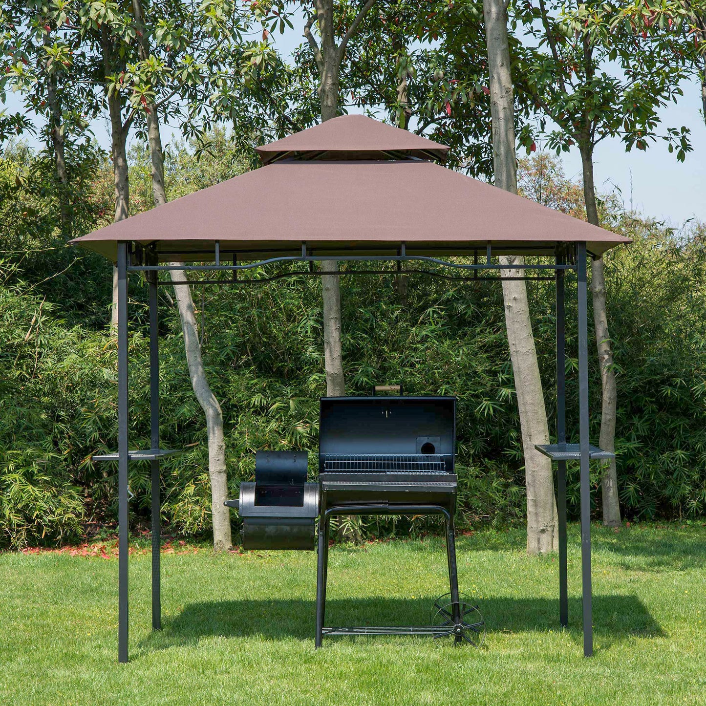 Grill Gazebo with Double Roof - Outdoor BBQ Canopy Shelter - Coffee