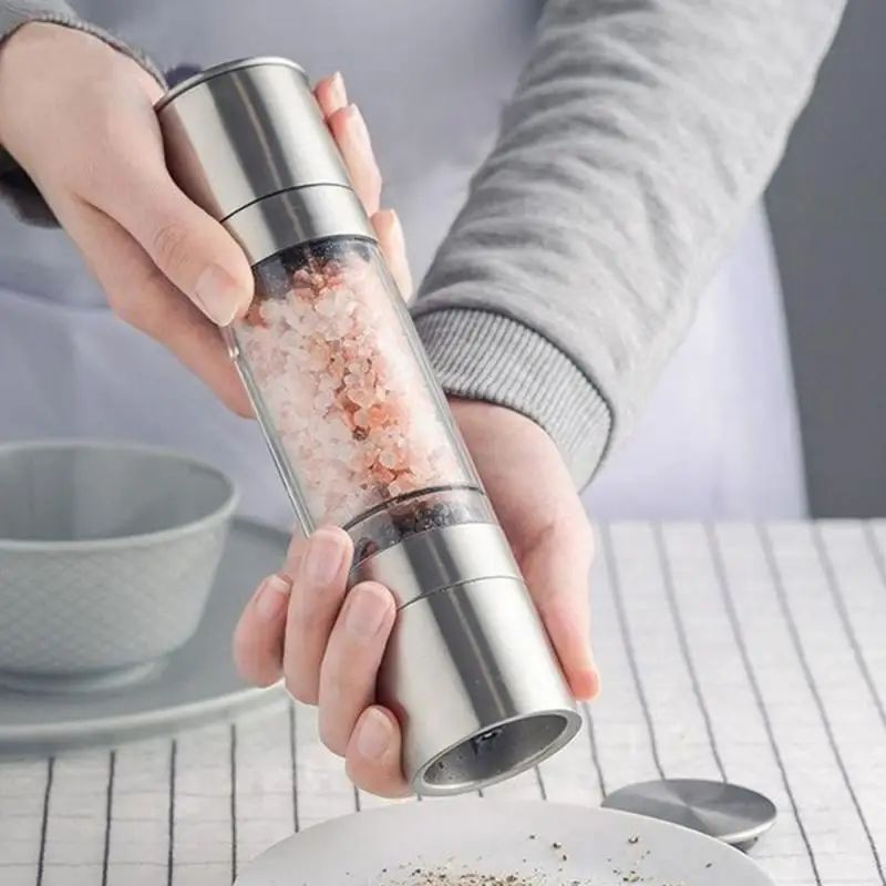 Salt and Pepper Grinder Set 2-in-1 Stainless Steel Manual Spice Mills Adjustable Ceramic Grinding Kitchen Tool Silver