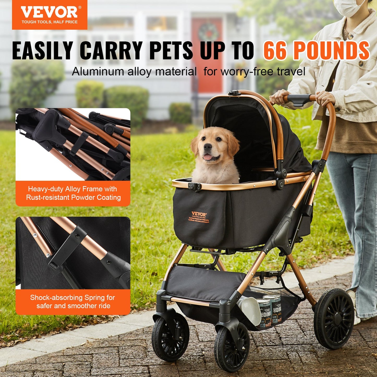 Pet Stroller with Detachable Carrier, 4 Wheels, 66 lbs Capacity, Black