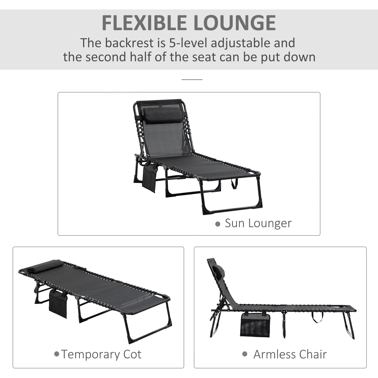 Portable Reclining Lounge Chair with Adjustable Backrest - Black