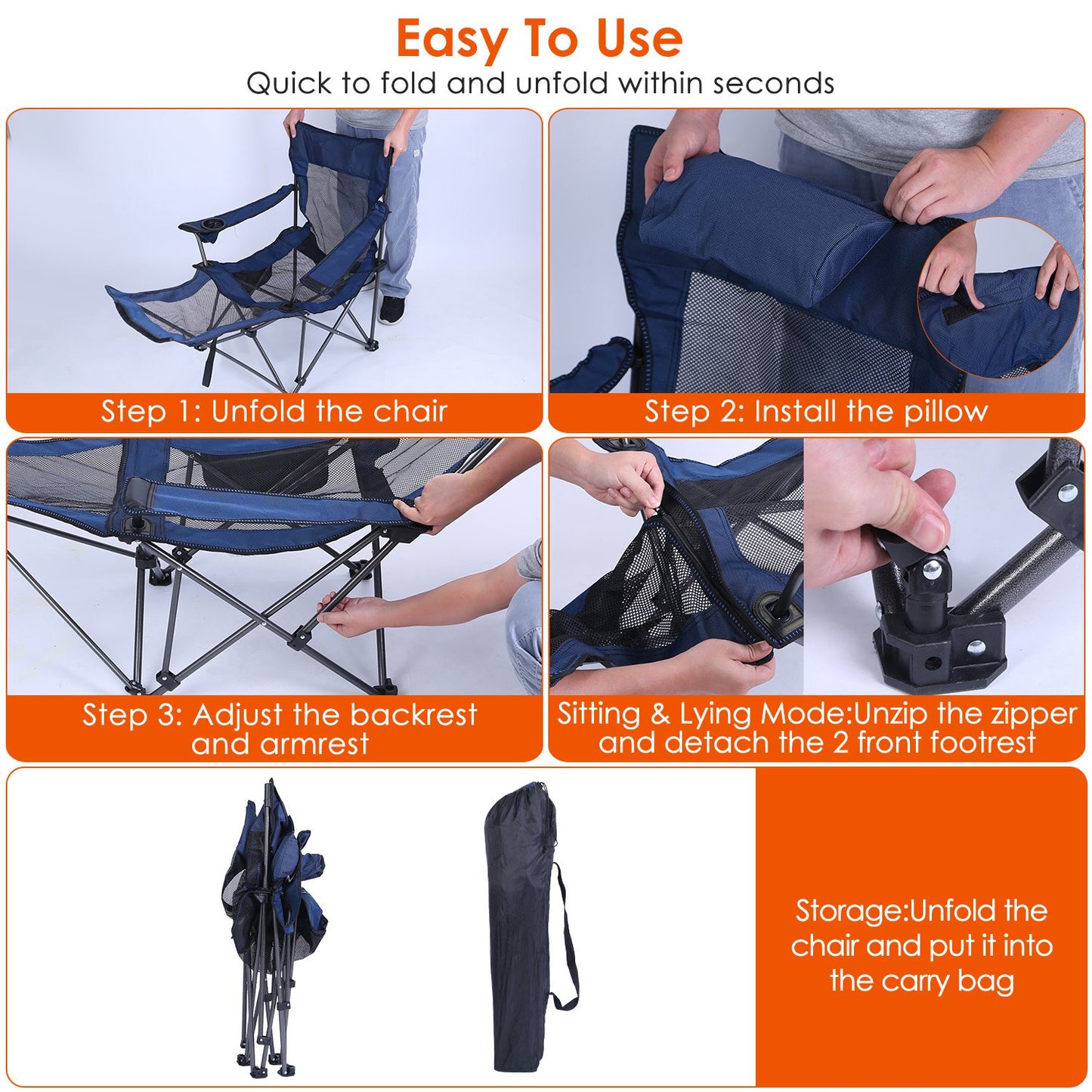 Foldable Heavy Duty Camping Chair with Reclining Backrest and Cup Holder
