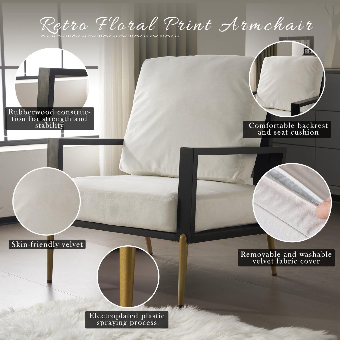 Upholstered Velvet Accent Chair with Solid Wood Frame - White
