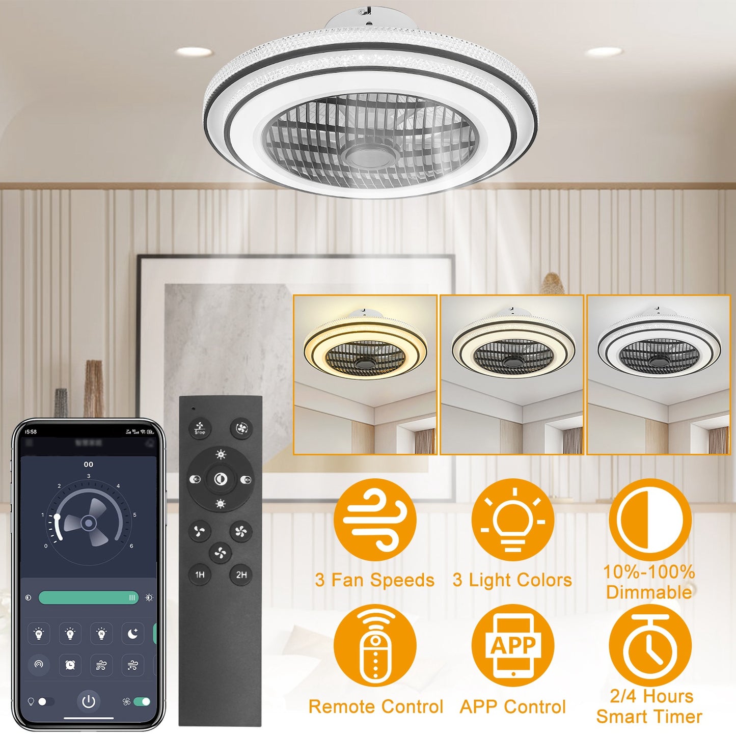 20.5in Ceiling Fan with Light Remote Control & APP, 3-Speed LED Pendant Fan - Black
