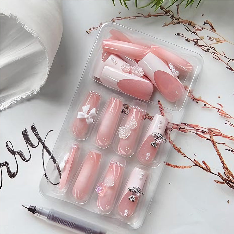 24-Piece Planet Pearl Flower Press-On Nails - Long Square Fake Nail Tips