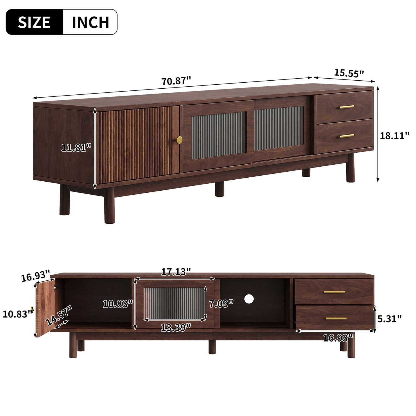 70-Inch Mid Century Modern TV Stand with Glass Sliding Doors