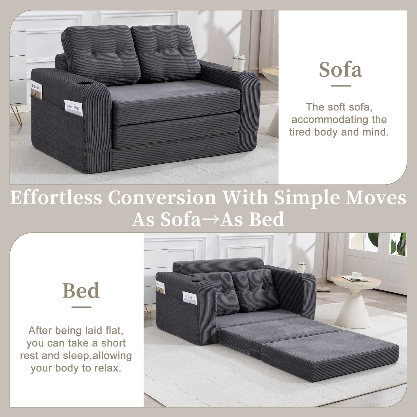 Convertible Sofa Bed - 2-in-1 Fold Out Couch with Pillows - Gray