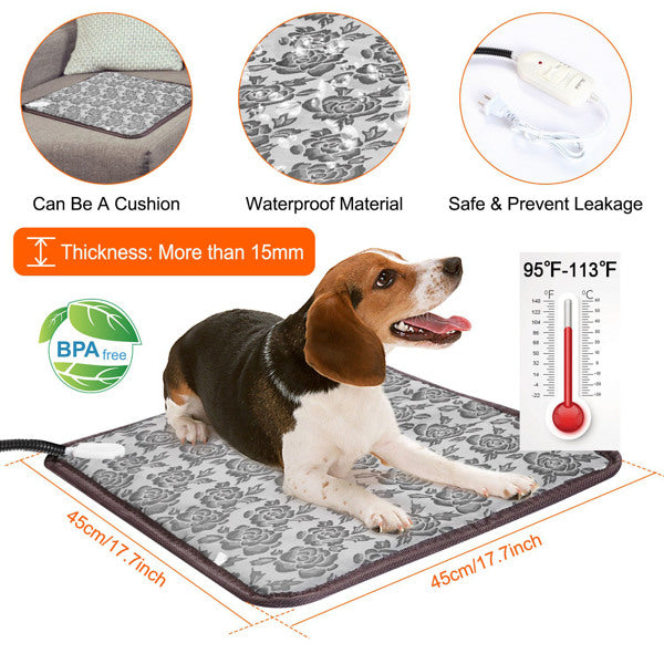 Pet Heating Pad Waterproof Adjustable Warm Blanket for Dogs & Cats - Gray